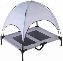 Dogs&Co Honden Ligbed Met Zonnedak Grijs 92x76x18cm Hoogte Incl Dak 100cm – Hondenbed Stretcher Met UV Canopy – Hondenstretcher Met Zonnetent