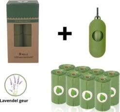 Eco Hondenpoepzakjes – Biologische Poepzakjes Hond – 100% Afbreekbaar – Lavendel Geur – 8 Rollen – 120 Zakjes – Incl. Houder