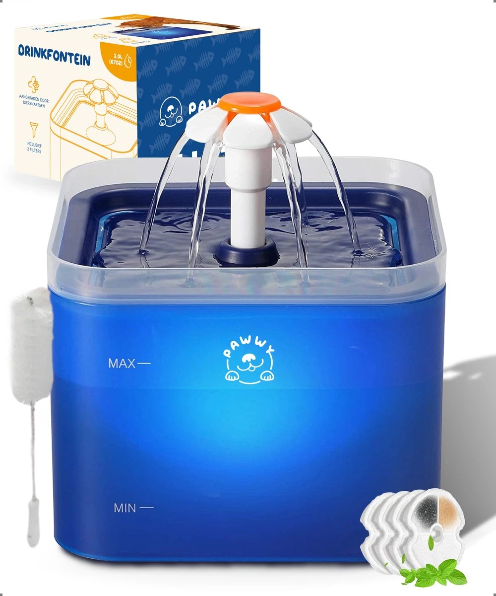 Pawwy® Drinkfontein Kat & Hond – Kattenfontein – Waterfontein Incl. 2 Filters En Schoonmaak Kit – 2 Liter – Blauw 3 Pawwy® Drinkfontein Kat & Hond – Kattenfontein – Waterfontein Incl. 2 Filters En Schoonmaak Kit – 2 Liter – Blauw