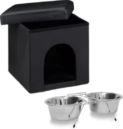 Relaxdays 2er Home Sweet Hond Set – Hondenmand – Zwarte Poef – Voerbakken – Voederbak
