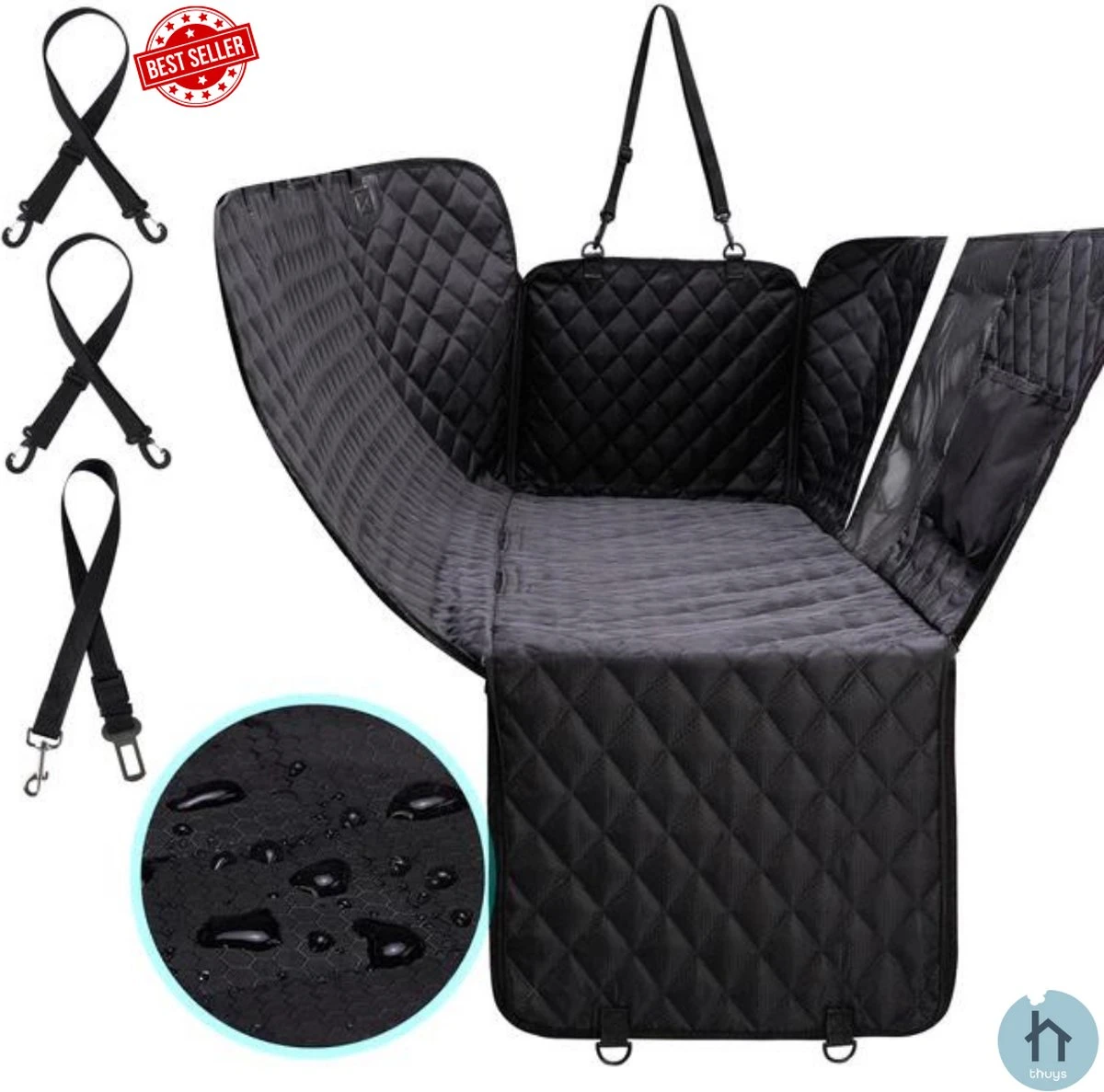 Thuys Hondendeken Auto Achterbank – Stoelbeschermer – Incl. Autogordel – Waterdichte Hondendeken – Hondenaccessoires – Hangmat – Zwart – 152x143cm 3 Thuys Hondendeken Auto Achterbank – Stoelbeschermer – Incl. Autogordel – Waterdichte Hondendeken – Hondenaccessoires – Hangmat – Zwart – 152x143cm